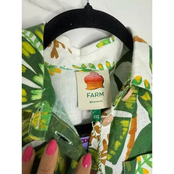 Farm Rio XXS Green white Tropical Leaf Print Jumpsuit Linen Resort Anthropologie - Picture 7 of 16